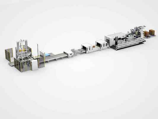 Ligne de production d'emballages en carton ondulé robuste, entièrement automatique, à grande vitesse, avec 5 000 feuilles/heure et une pression de coupe de 400 à 450 tonnes
